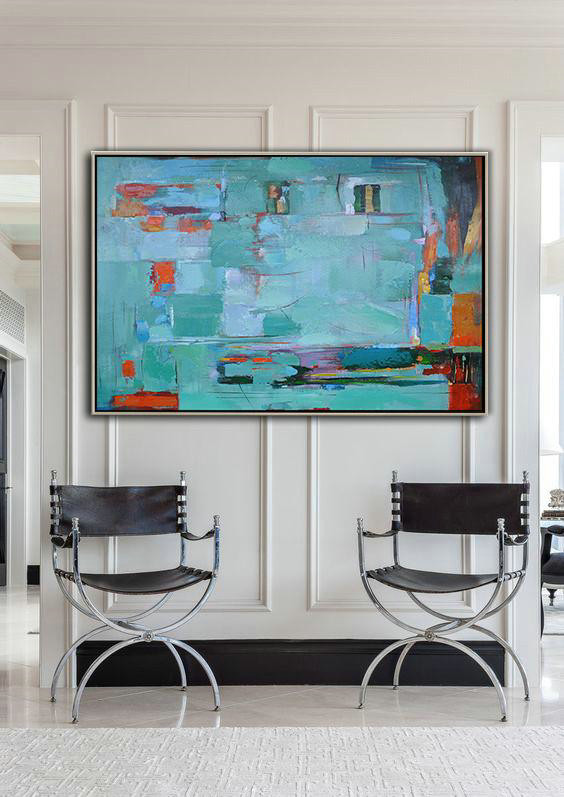 Large Abstract Art Handmade Oil Painting,Oversized Horizontal Contemporary Art,Hand-Painted Contemporary Art,Light Green,Orange,Purple.etc